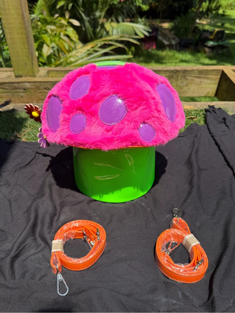 Dolls Kill Hot Pink Plush Mushroom Backpack with Purple Spots